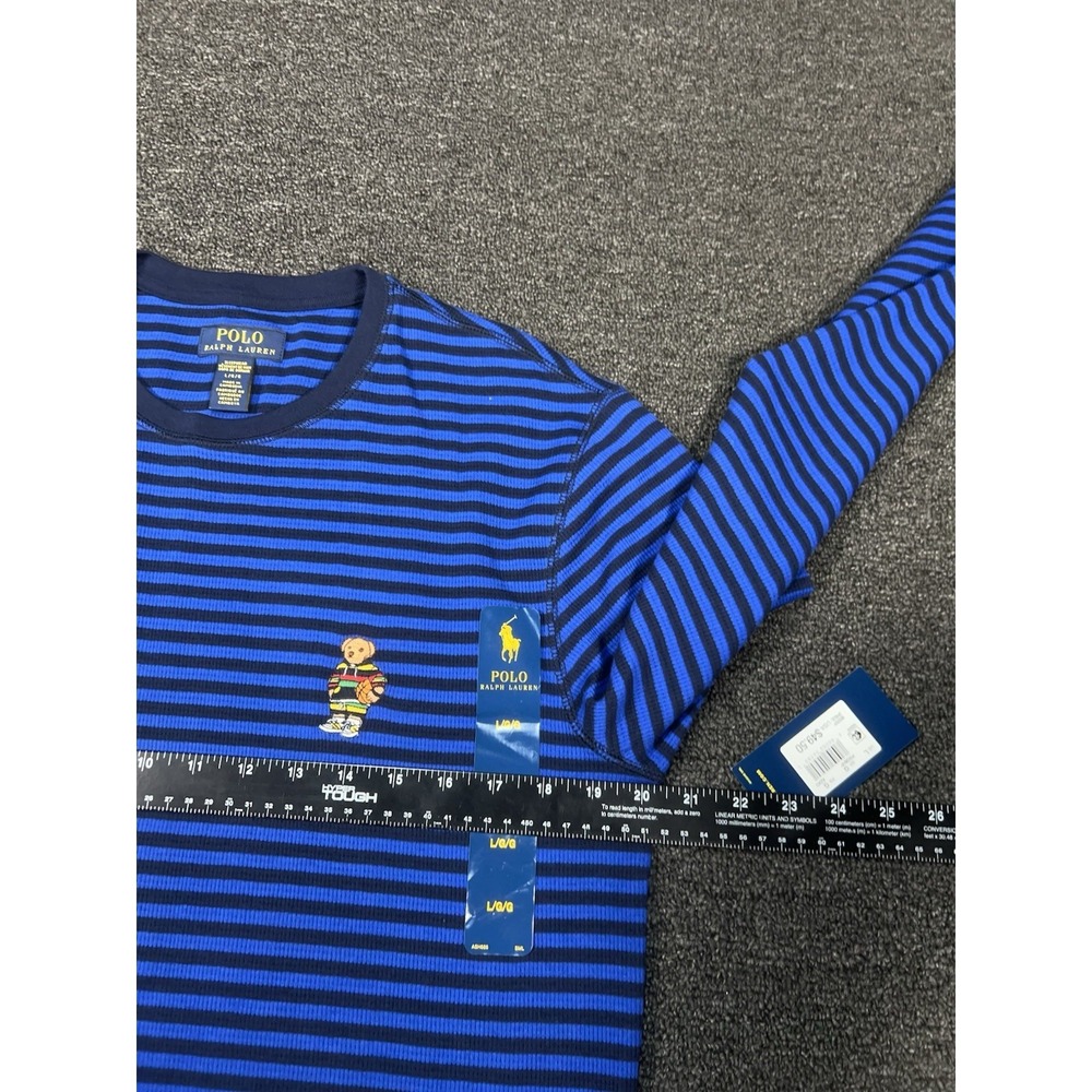 New Polo Ralph Lauren Shirt Men Large Blue Striped Thermal Long Sleeve Polo Bear - Picture 9 of 9